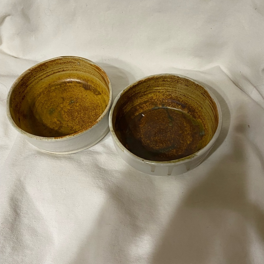 2 Hand Crafted Studio Tan Glazed Pottery Bowles Signed